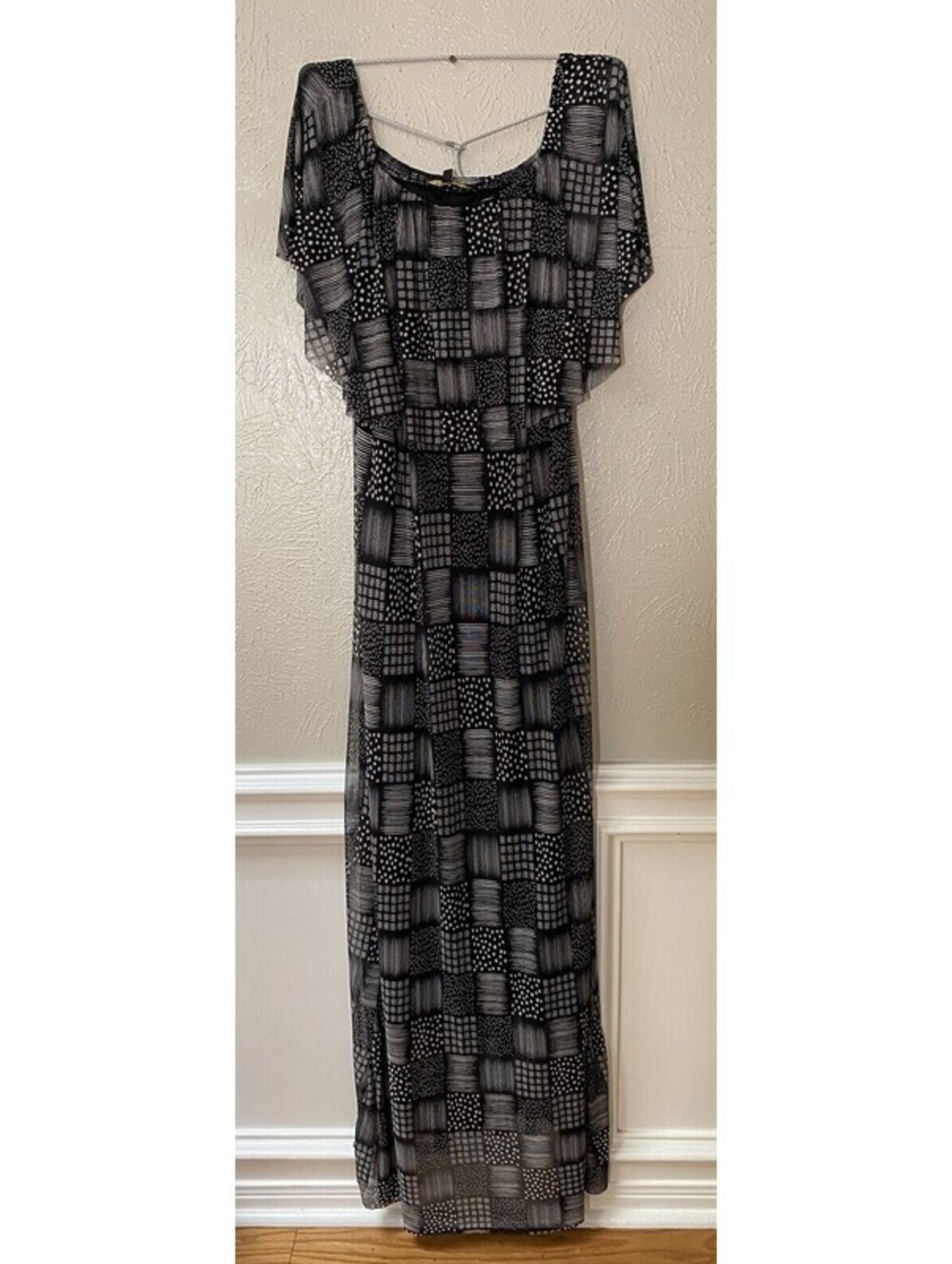Ellen Weaver 2XL Off The Shoulder Maxi Dress Black White Sheer Layer Geometric